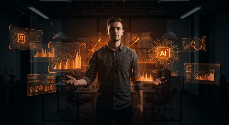 Joven fundador de startup de inteligencia artificial liderando con innovación y crecimiento tecnológico en un entorno moderno.