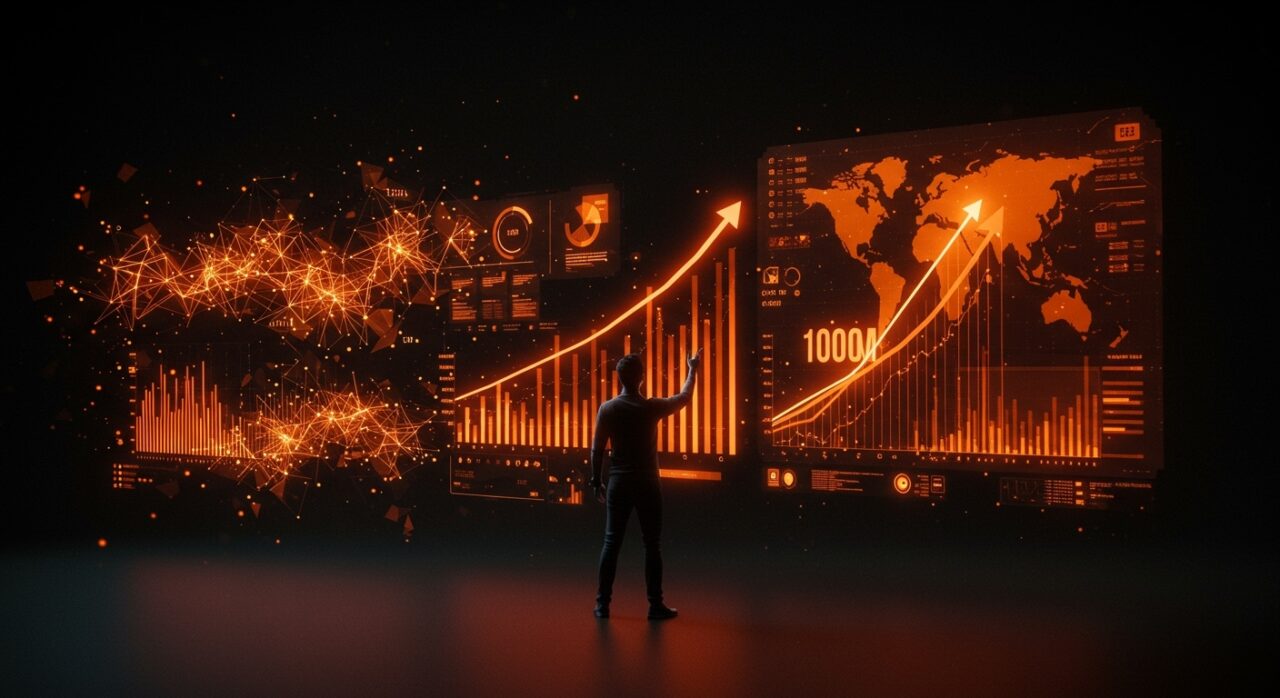 Fundador de startup IA Manus frente a gráficos de ingresos recurrentes y expansión internacional, ilustrando crecimiento récord y tecnología avanzada.