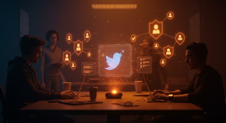 Colaboración de startup revitalizando la marca Twitter con símbolos de verificación y tendencias tecnológicas en ecosistema startup.