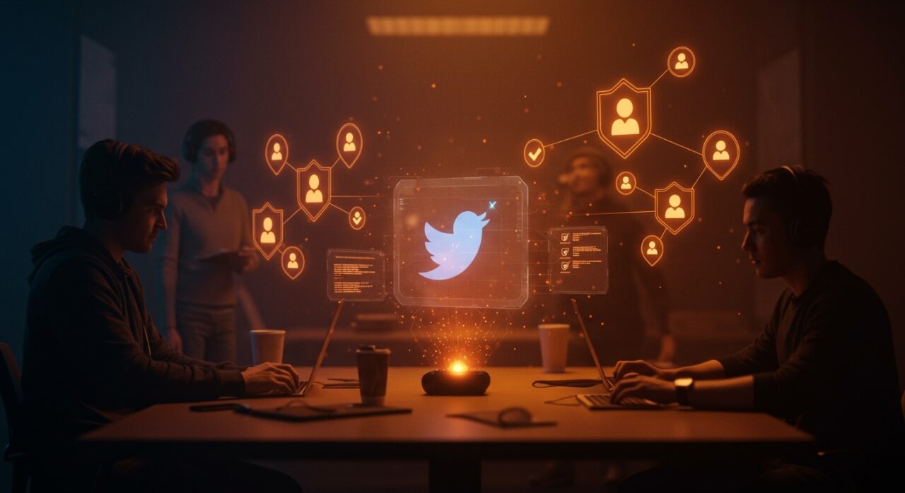 Colaboración de startup revitalizando la marca Twitter con símbolos de verificación y tendencias tecnológicas en ecosistema startup.