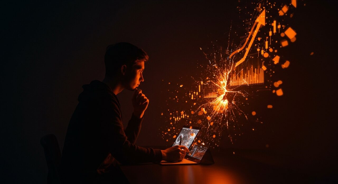 Fundador de startup de AI de consumo contemplando dispositivos inteligentes en un ambiente oscuro, simbolizando desafíos en innovación y tracción en el mercado.