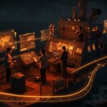 Convocatoria de startups para innovación tecnológica en navegación en Magallanes, con founders latinos colaborando en un entorno naval futurista.