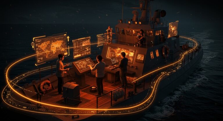 Convocatoria de startups para innovación tecnológica en navegación en Magallanes, con founders latinos colaborando en un entorno naval futurista.