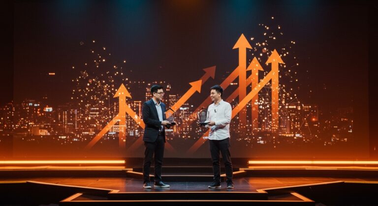 Fundadores de startups de Da Nang recibiendo premios por innovación en el Programa Nacional de Startups 2025 con elementos tecnológicos y ecosistema emergente.