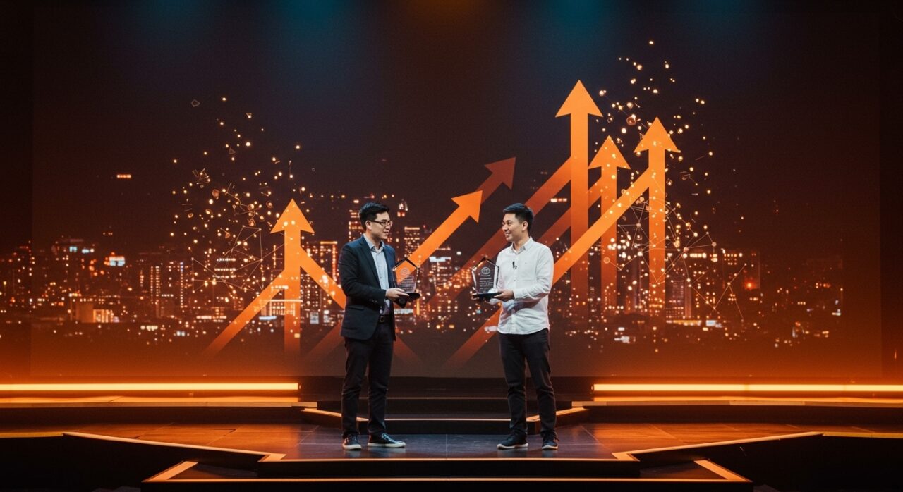Fundadores de startups de Da Nang recibiendo premios por innovación en el Programa Nacional de Startups 2025 con elementos tecnológicos y ecosistema emergente.