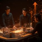 Startups fintech y proptech innovadoras colaborando en un entorno tecnológico futurista en Disrupt 2025, destacando tendencias y crecimiento en el ecosistema startup.