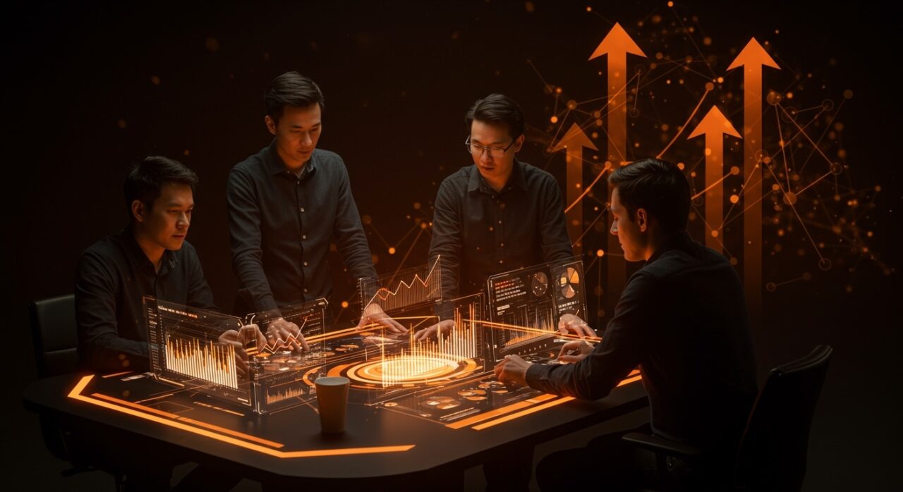 Startups fintech y proptech innovadoras colaborando en un entorno tecnológico futurista en Disrupt 2025, destacando tendencias y crecimiento en el ecosistema startup.