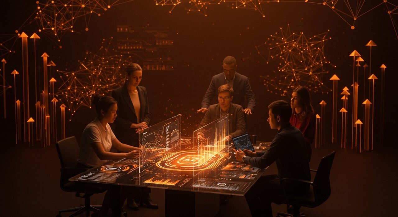 Startup de inteligencia artificial en EEUU recibiendo inversión en 2025 con visualizaciones digitales y colaboración entre founders.