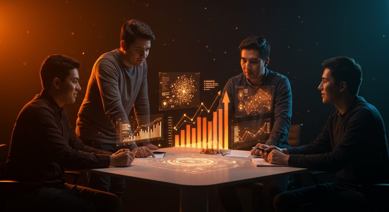 Emprendedores peruanos colaborando con apoyo de ProInnóvate y capital semilla en un entorno tecnológico innovador.