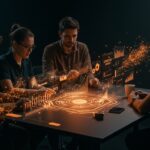 Grupo de founders tecnológicos colaborando en Innovafest LATAM 2025 con iconos de innovación, IA y biotecnología en entorno futurista.