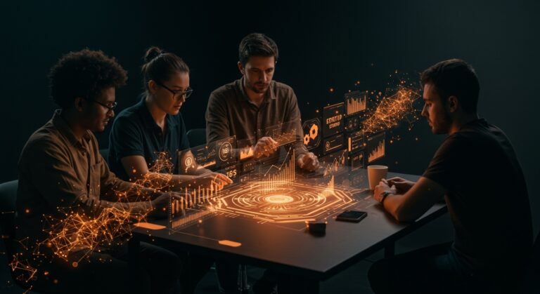 Grupo de founders tecnológicos colaborando en Innovafest LATAM 2025 con iconos de innovación, IA y biotecnología en entorno futurista.