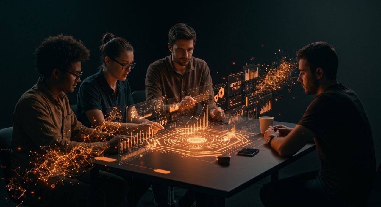 Grupo de founders tecnológicos colaborando en Innovafest LATAM 2025 con iconos de innovación, IA y biotecnología en entorno futurista.