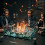 Startups y municipalidades colaborando en innovación urbana en Santiago con tecnología y modelos digitales de ciudades inteligentes.