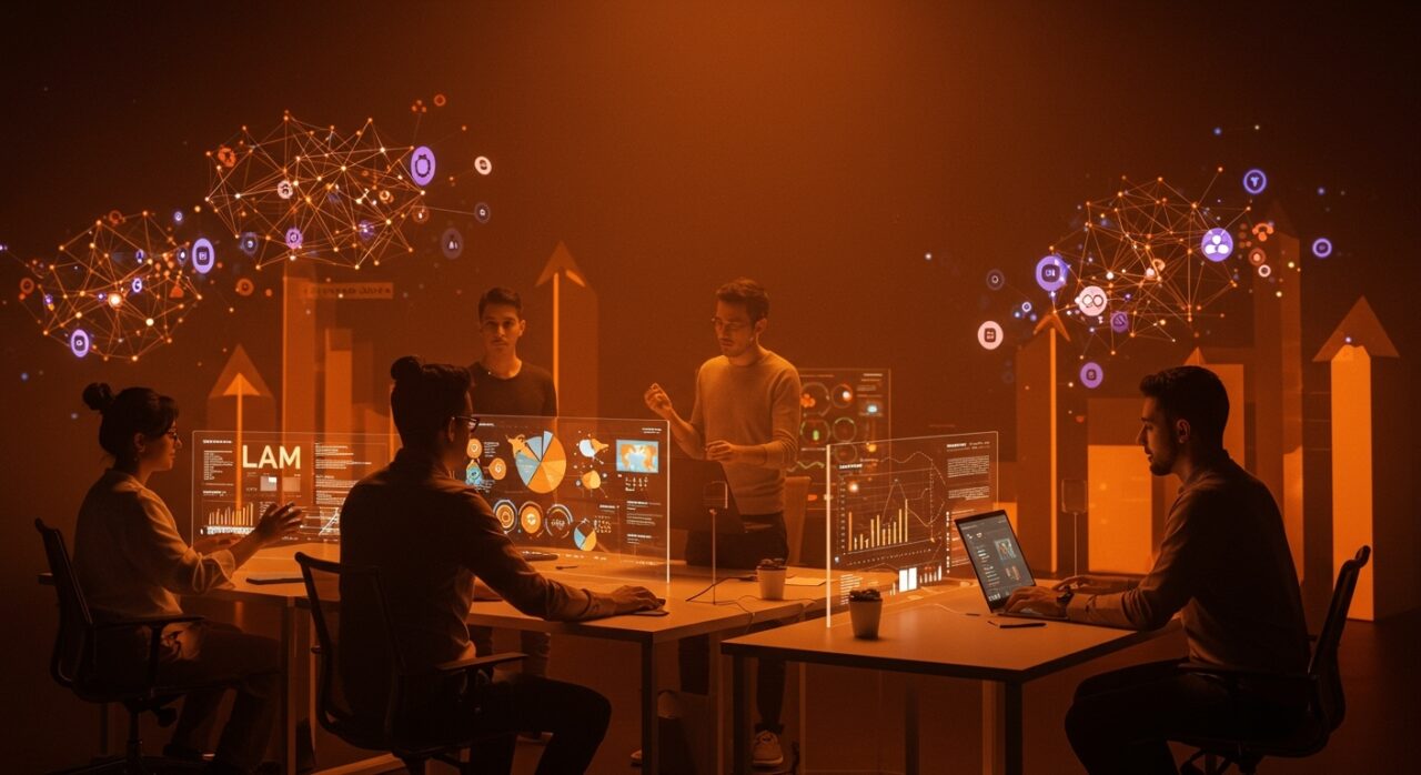 Grupo diverso de emprendedores hispanos colaborando en fintech e inteligencia artificial en el ecosistema startup de Latinoamérica 2026.