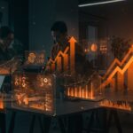 Equipo de emprendedores colaborando con interfaces digitales que muestran SaaS y automatización para gestión empresarial en startups tecnológicas españolas.