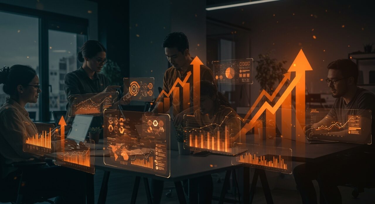 Equipo de emprendedores colaborando con interfaces digitales que muestran SaaS y automatización para gestión empresarial en startups tecnológicas españolas.