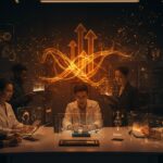 Startups de salud y wellness innovadoras colaborando en laboratorio futurista con tecnología healthtech e inteligencia artificial en evento TechCrunch Disrupt 2025.