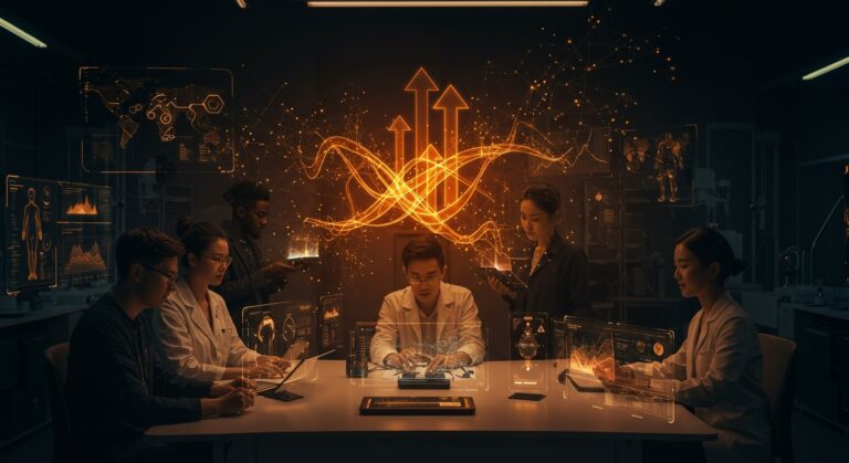 Startups de salud y wellness innovadoras colaborando en laboratorio futurista con tecnología healthtech e inteligencia artificial en evento TechCrunch Disrupt 2025.