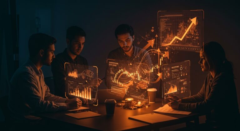 Fundadores de startups en sectores regulados colaborando con interfaces digitales que muestran estrategias de innovación y financiamiento con flujos de capital de riesgo destacados.