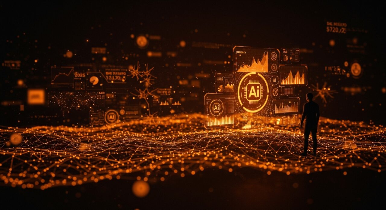 Informe sobre IA aplicada con modelos de lenguaje open source y tendencias tecnológicas, representado con redes neuronales y análisis de datos en entorno de startup.