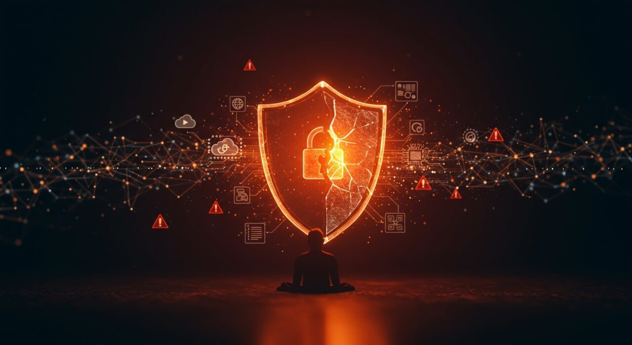 Ilustración de la vulnerabilidad en la seguridad informática TLS en startups mostrando una shield digital rota y elementos de Zero Trust e IA en seguridad.