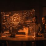 Visualización de datos interactiva con SVG en startups de IA y automatización, mostrando colaboración y tecnología avanzada.