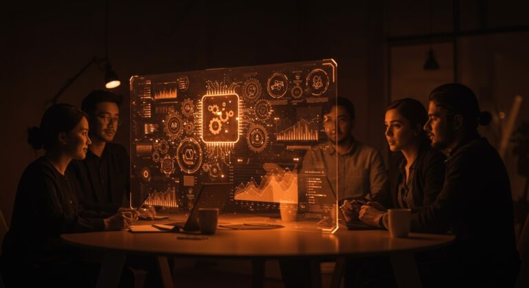 Visualización de datos interactiva con SVG en startups de IA y automatización, mostrando colaboración y tecnología avanzada.