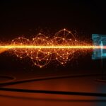 Imagen futurista de teletransportación cuántica mediante fibra óptica comercial, destacando tecnologías cuánticas y oportunidades para startups.