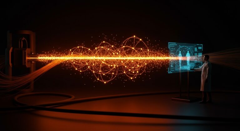 Imagen futurista de teletransportación cuántica mediante fibra óptica comercial, destacando tecnologías cuánticas y oportunidades para startups.