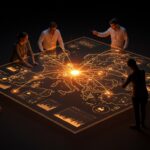 Grupo de founders analizando datos clave del mercado de startups en Europa con representación visual de tendencias e inversión.