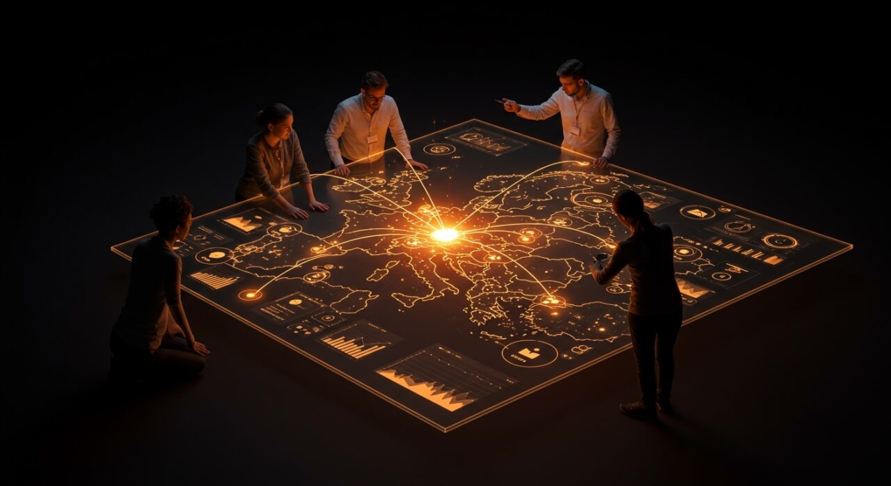 Grupo de founders analizando datos clave del mercado de startups en Europa con representación visual de tendencias e inversión.