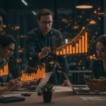 Inversores y emprendedores colaborando en tendencias y estrategias de venture capital para startups en 2026 con gráficos digitales y símbolos de crecimiento.