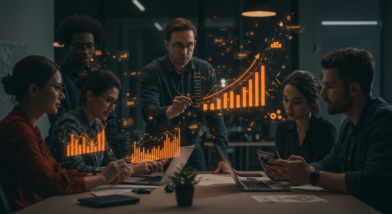 Inversores y emprendedores colaborando en tendencias y estrategias de venture capital para startups en 2026 con gráficos digitales y símbolos de crecimiento.