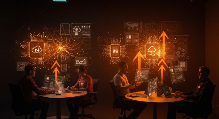 Startup founders colaborando en tecnología avanzada de IA, chips y servicios cloud en AWS re:Invent 2025 para LATAM.