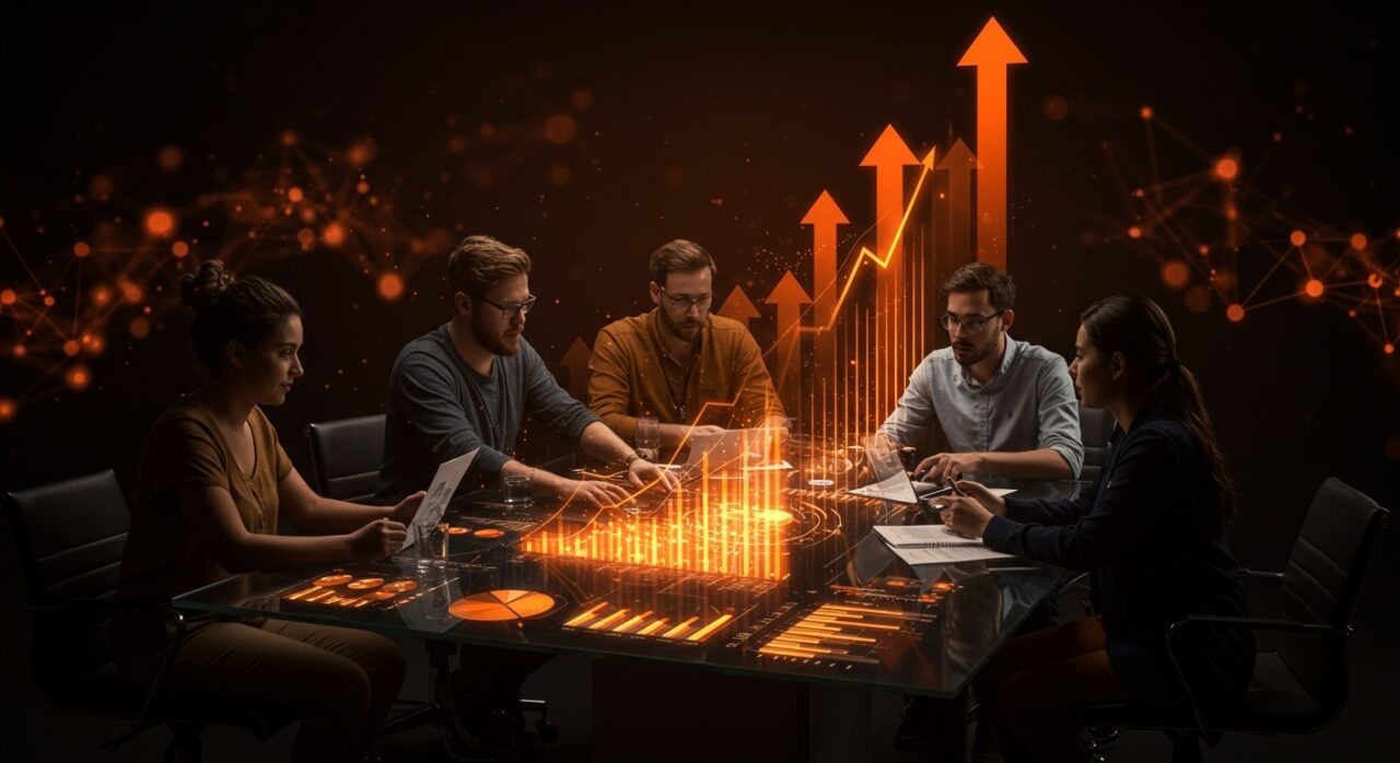 Grupo de emprendedores analizando tendencias económicas y oportunidades de inversión en startups y tecnología en LATAM.