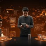 Fundadores tecnológicos de LATAM interactuando con interfaces de IA en dispositivos Apple, representando tendencias de inteligencia artificial en apps líderes 2025.