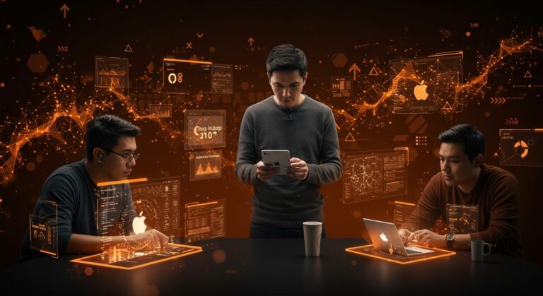 Fundadores tecnológicos de LATAM interactuando con interfaces de IA en dispositivos Apple, representando tendencias de inteligencia artificial en apps líderes 2025.