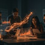 Startup founders colaborando con interfaces holográficas de IA y venture capital, representando tendencias y adopción de IA empresarial en LATAM para 2026.