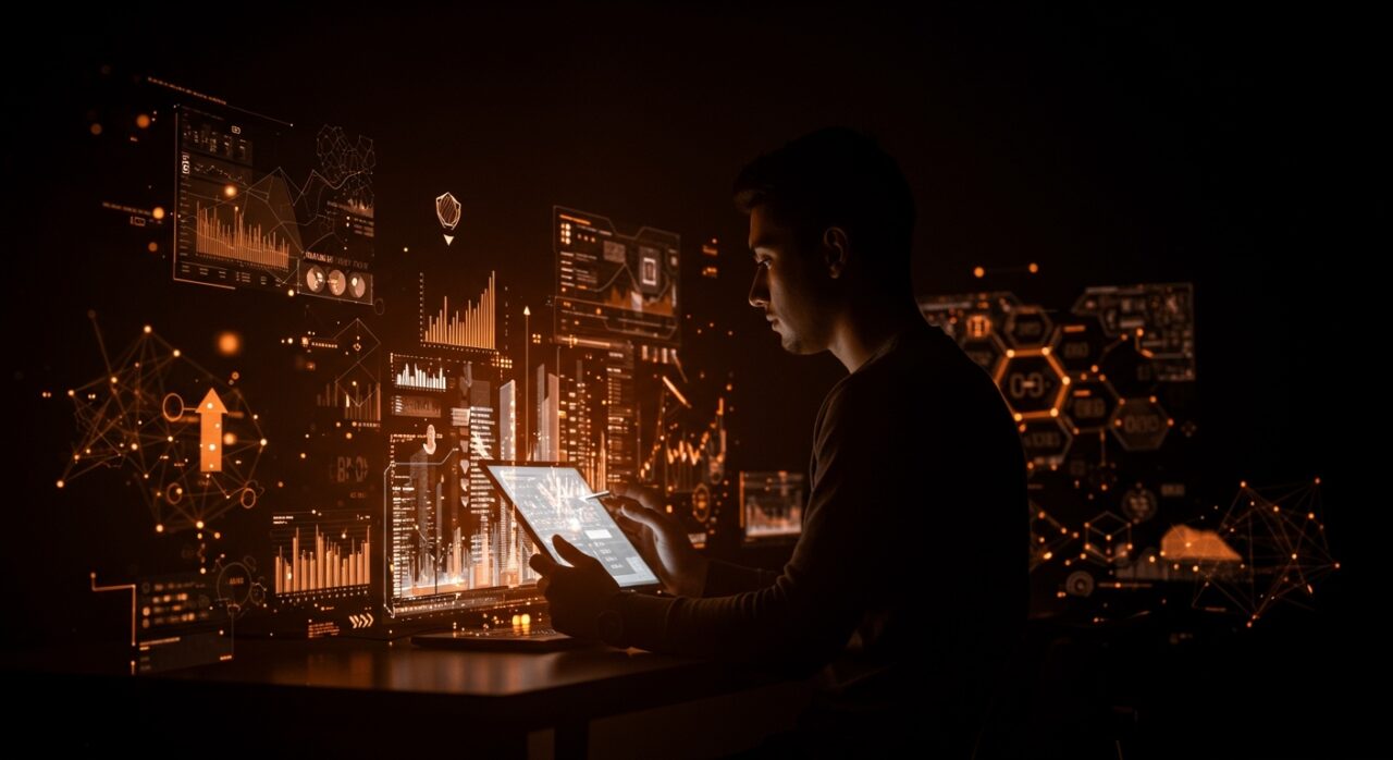 Fundador hispano frente a una ciudad digital futurista con redes de inteligencia artificial y automatización, representando tendencias tech 2025.