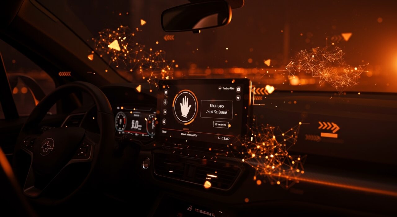 Interfaz digital de Tesla FSD mostrando mensajería manos libres con íconos abstractos de IA y seguridad vial en tecnología automotriz.