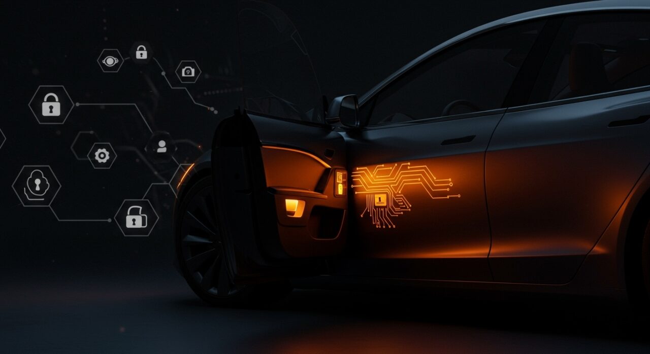 Investigación NHTSA sobre seguridad en puertas eléctricas de autos Tesla resaltada en imagen conceptual de innovación automotriz y protección vehicular.