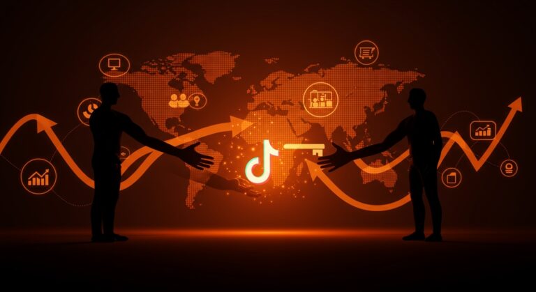 Transferencia de control de TikTok en EE.UU. ilustrada con metáforas de inversión tecnológica y crecimiento en el ecosistema startup.