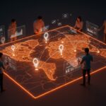 Startup founders interactuando con mapa digital de contenido local en TikTok Nearby, mostrando oportunidades de marketing digital geolocalizado.