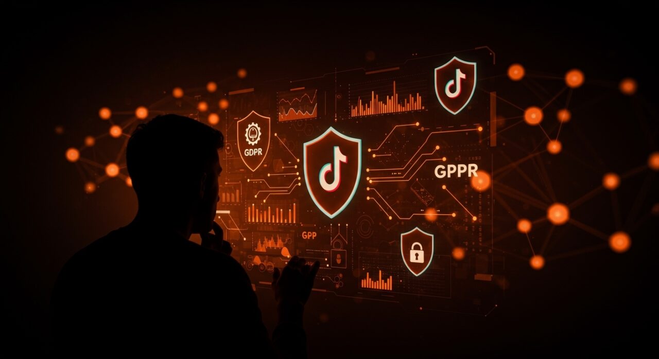 Fundador frente a interfaz digital con símbolos de privacidad y protección de datos en contexto de TikTok y GDPR para startups tecnológicas.