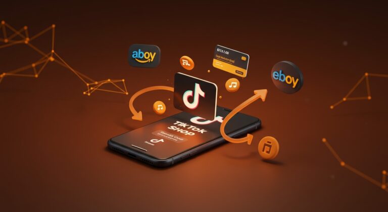 Representación digital de TikTok Shop y tarjetas de regalo digitales en el contexto de tendencias e-commerce y competencia con Amazon y eBay.