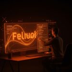 Tipografía fluida en CSS aplicada en diseño UX de productos SaaS con interfaz digital futurista en ecosistema startup naranja y negro.