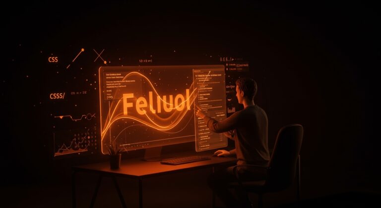 Tipografía fluida en CSS aplicada en diseño UX de productos SaaS con interfaz digital futurista en ecosistema startup naranja y negro.