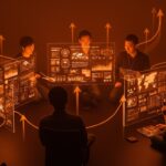 Fundadores y líderes colaborando en tecnología media tech con simbolismos de innovación y comunidad startup en Ecosistema Startup.