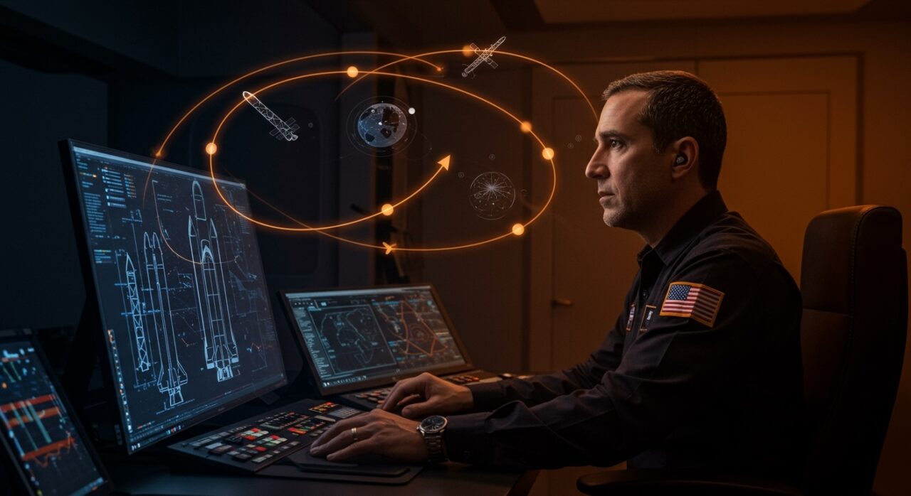 Tory Bruno liderando estrategia en Blue Origin con representaciones visuales de cohetes New Glenn y Vulcan en el sector aeroespacial competitivo.