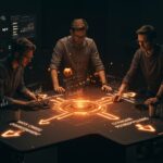 Founders de startups colaborando y resolviendo problemas mediante cambios en entorno, percepción y metas con metáforas visuales de gestión de productos y decisiones estratégicas.